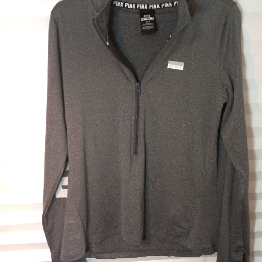 VS PINK QUARTER ZIP PULLOVER GRAY WHITE